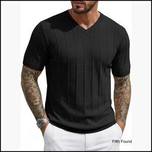 Men's V-Neck Ribbed Knit Pullover Tee Short Sleeve Casual Shirt